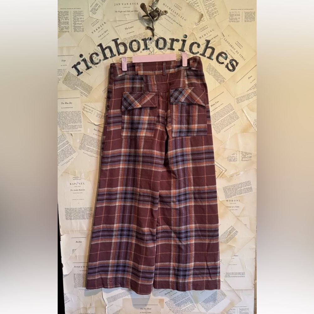 Free People Out Of Touch Extreme Plaid Pants Wide Leg Wine Brown - Picture 4 of 4